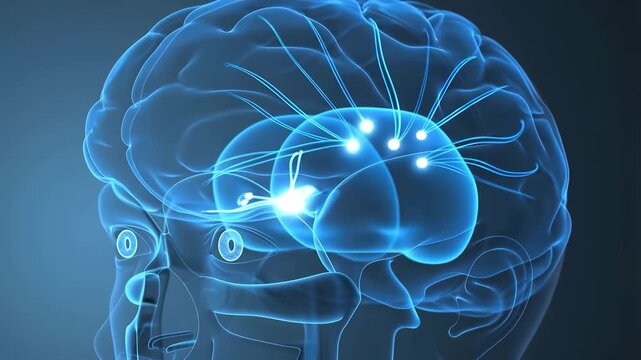 A blue-white neural signal traveling from both eyes through the optic chiasm and geniculate nucleus to the visual cortex. Visual pathway brain