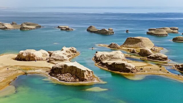 Aerial drone shot of water yardang landforms surrounded by turquoise water in the Qaidam Basin, Qinghai, China