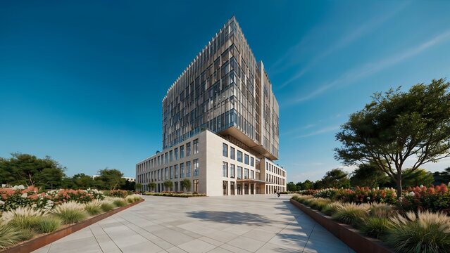  modern glass and light-colored stone architecture.