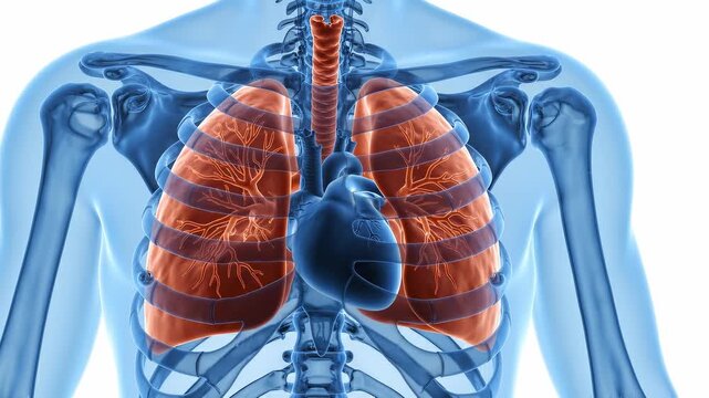 Translucent chest illustration highlights both lungs glowing in a diffuse amber-orange inner light, suggesting airway inflammation
