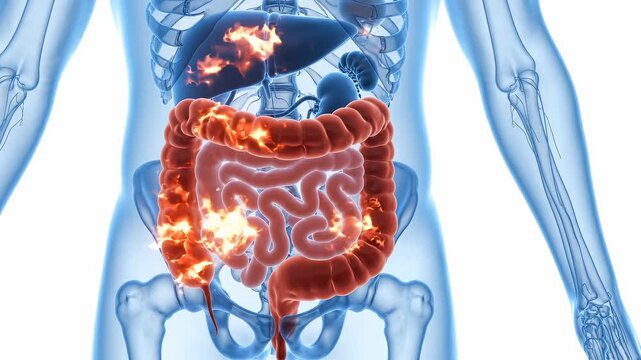 Translucent abdomen illustration highlights the large intestine glowing amber-red with uneven pulsation, suggesting patchy colitis. Colon inflammation illustration concept