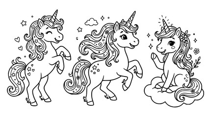 Obraz premium Three unicorns set with flowing manes and tails featuring fantasy creatures with magical horns and ethereal glow and dynamic poses