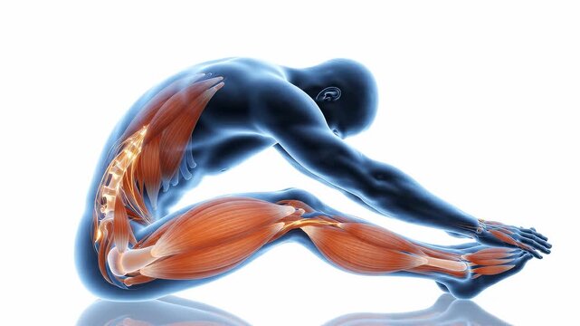Translucent figure in a seated forward fold highlights the stretched hamstrings and calf glowing in warm amber tension bands