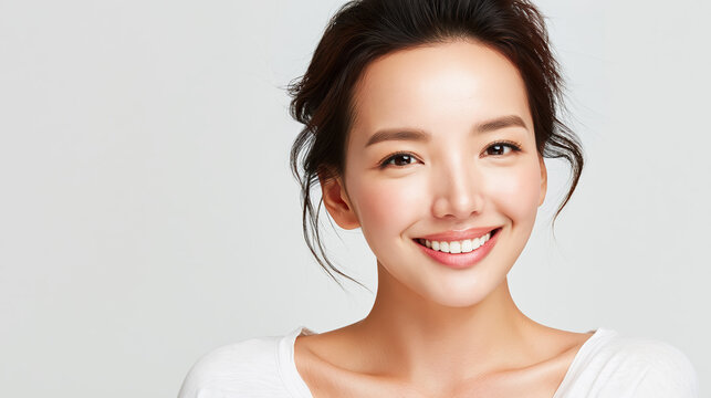 Smiling young Taiwanese woman portrait with clean skin and white shirt, studio background