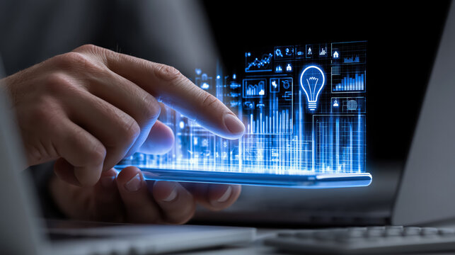 Touch screen hand holding smartphone with digital interface and data chart, technology concept