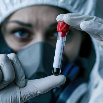 Protective gear female scientist holding blood sample tube in laboratory close up