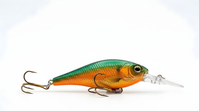 Fishing lure with hooks displayed on white background