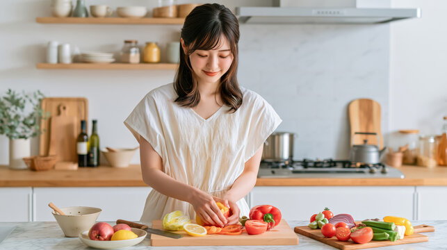 Young asian woman cooking in bright kitchen with fresh vegetables and fruit on counter