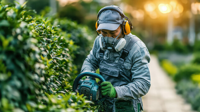 Garden maintenance hedge trimming gardener with protective gear using hedge trimmer in sunny garden path