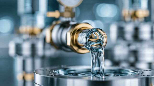 Industrial pipe metal valve liquid flow clear fluid stainless steel gold color close up mechanical system energy output pressure control fluid