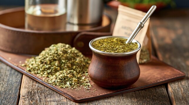 Yerba Mate Gourd and Bombilla with Loose Leaf on a Gaucho Belt
