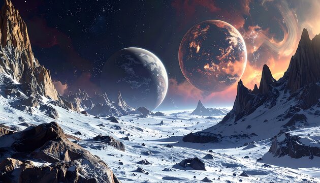 Planets in a distant galaxy landscape.