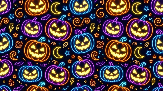 Seamless pattern background with glowing neon jack o lanterns for a festive happy halloween holiday celebration design