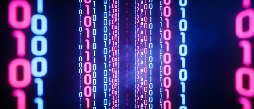 Futuristic binary data stream glowing in neon digital atmosphere for tech and innovation visuals