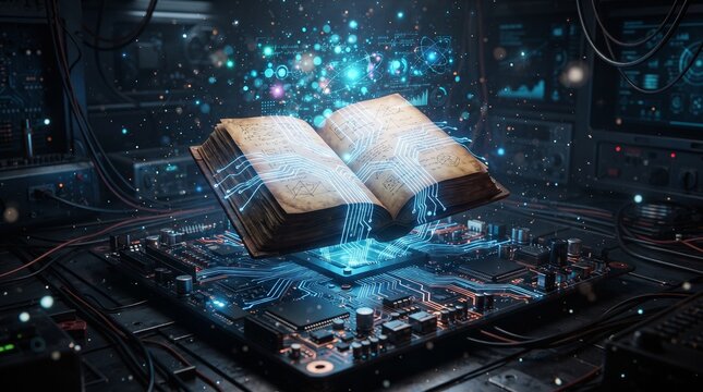 Open book connected to glowing motherboard circuits, futuristic education concept for AI learning, digital research and smart knowledge systems.