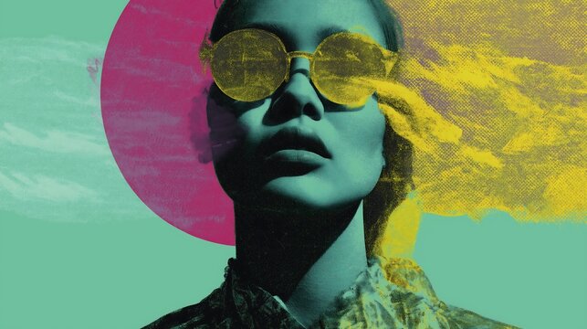 Woman wears yellow glasses in a colorful scene.