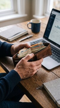 Man holding full leather wallet with cash at desk with laptop and notebook