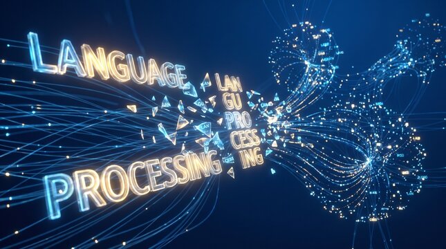 Advanced artificial intelligence natural language processing and data visualization concept represented by glowing digital blue fiber optic lines