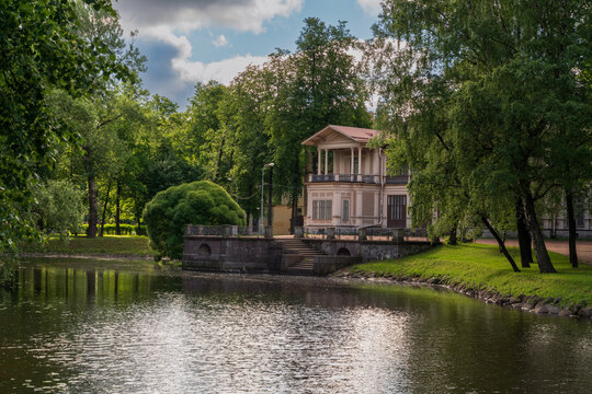 Lopukhin Garden and Gromov's Dacha on the shore of Lopukhin Pond on a sunny summer day, Saint Petersburg, Russia