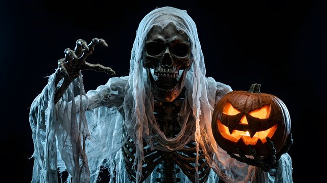 Scary skeleton ghost holding a glowing jack o lantern for a spooky happy halloween celebration on black background