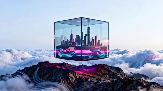Futuristic city in floating cube