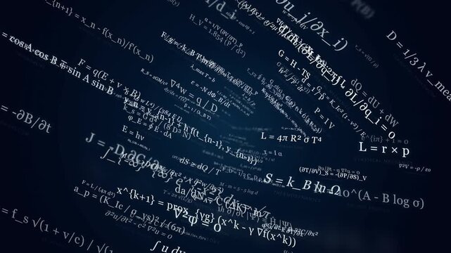 Dynamic science equations and math symbols floating in abstract dark blue background.