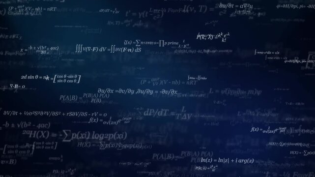 Mathematical formulas and scientific equations floating on an abstract dark blue