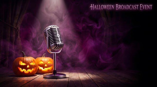 Vintage microphone on a wooden stage with glowing jack o lanterns for a spooky happy halloween party event