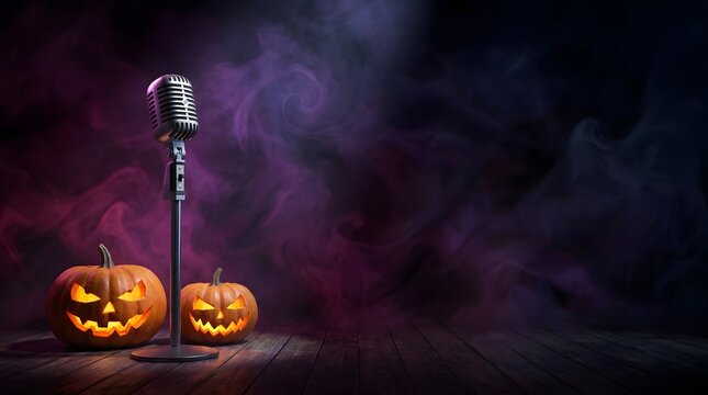 A vintage microphone standing between glowing carved jack o lanterns for a spooky happy halloween musical event background