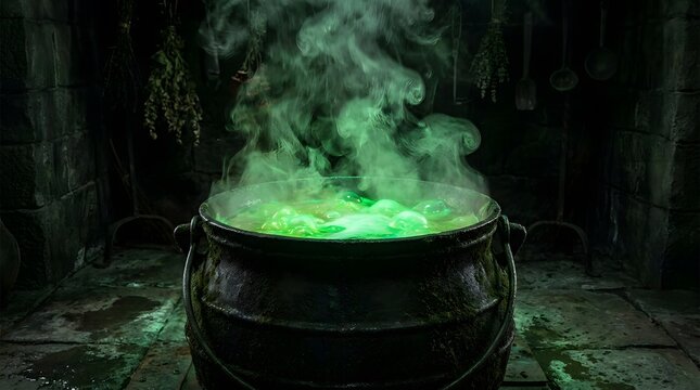 A magical bubbling green potion in a dark iron cauldron for a spooky happy halloween celebration background