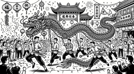 Naklejka premium Dragon Dance Performers During Lunar New Year Line Art Style Vector Illustration