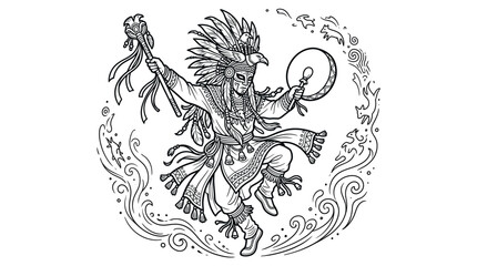 Obraz premium Shaman Performing Gut Ritual Dance Line Art Style Vector Illustration