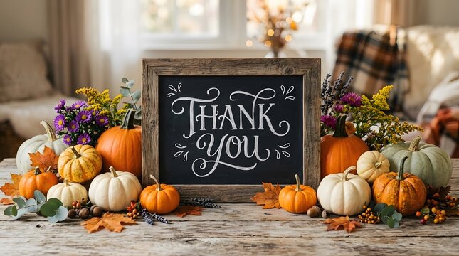 Rustic chalkboard with thank you message surrounded by autumn pumpkins for a festive happy halloween seasonal display
