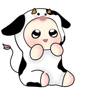 Cute Chibi Baby in Cow Costume
An adorable, kawaii-style digital illustration featuring a cute chibi character wearing a fluffy black-and-white cow onesie complete with tiny horns, floppy ear