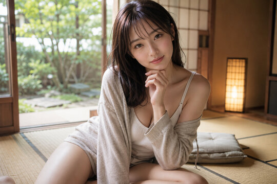 庭を望む和室でクリーム色のカーディガンを着て座る女性