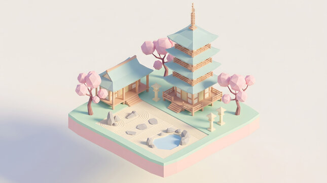 Isometric 3D low poly Japanese pagoda and Zen garden with pink cherry blossoms in pastel colors