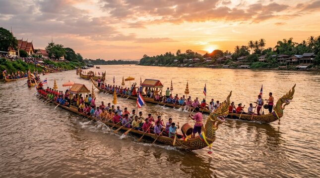 Spectacular Long Boat Racing Tournament with Team Rowers on Scenic River at Sunset