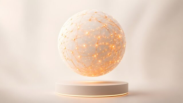 Floating white network sphere with glowing internal connections over a minimalist podium for futuristic technology product display