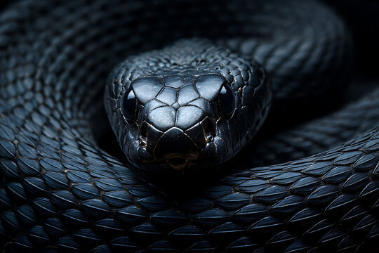 Close-up Macro Shot of a Black Mamba Snakes Head and Coiled Body.