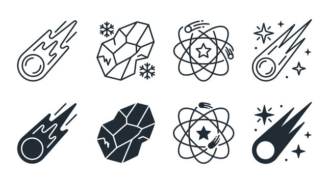 Space exploration icons including comets asteroids and atomic structure symbols with asteroid astronomy universe