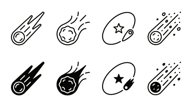 Meteor and comet space icon set illustrating falling asteroids and celestial bodies in orbit with asteroid, celestial
