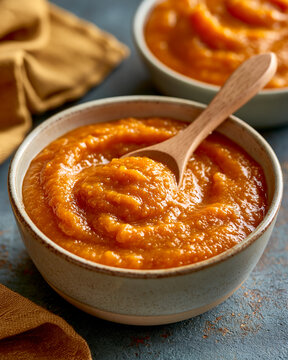 Homemade organic vegetable pur&eacute;e prepared for healthy infant nutrition using fresh natural ingredients.