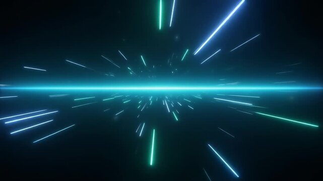 scene with a transparent cyan-blue neon horizontal beam shining across a dark 
