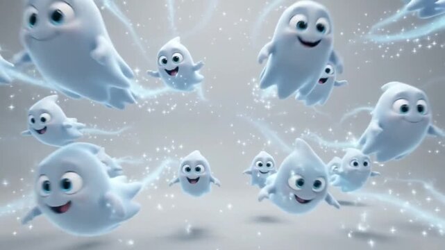 3D animation of cute white ghosts floating and flying together on studio background