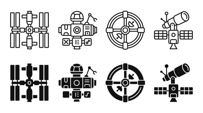 International space station and orbital infrastructure icon set with satellite telescope structure technology