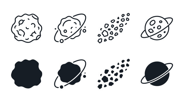 Space objects asteroids and planetary systems icon set with asteroid meteoroid astronomy universe celestial