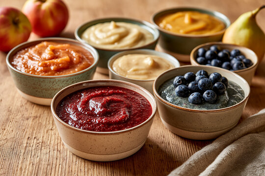 Fresh homemade fruit pur&eacute;e made from natural ingredients, supporting healthy infant nutrition and baby-led feeding.