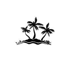 Vector silhouette illustration of a tropical beach themed logo featuring two palm trees on a small island with wavy ocean water © Riza faryunanda