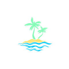 A colorful vector illustration of a tropical beach themed logo featuring two palm trees on a small island with wavy ocean water. © Riza faryunanda
