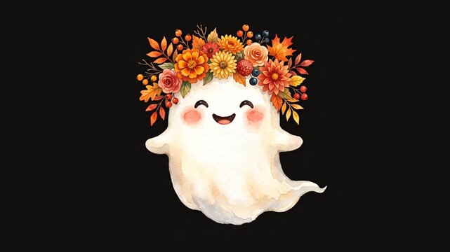 Cute watercolor ghost wearing an autumn floral wreath floating on black background for seasonal holiday design.